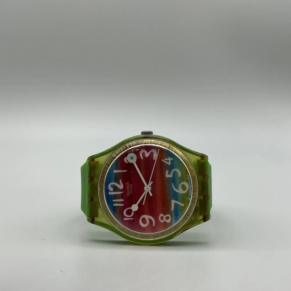 Swatch Color the Sky Mens Watch 34mm Rainbow Dial Green Strap New Battery